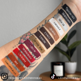 light SKIN TONE ARM SWATCH WITH FUNERAL PROOF EYELINER SWATCHES #shades_obitchuary,mortuary,trocar (metallic shimmer),ghostly,burial,casket,exhume,death toll (metallic shimmer),decay,murderous,autopsy,31st,sarcoppergus (metallic shimmer)