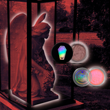 HoloGrave Cosmetics product display with glowing cosmetic products and an angel in the background.