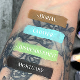 FAIR SKIN TONE ARM SWATCH WITH FUNERAL PROOF EYELINER SWATCHES COVERING OVER TATTOOS #SHADES_BURIAL,CADAVER,DISMEMBERMINT,MORTUARY