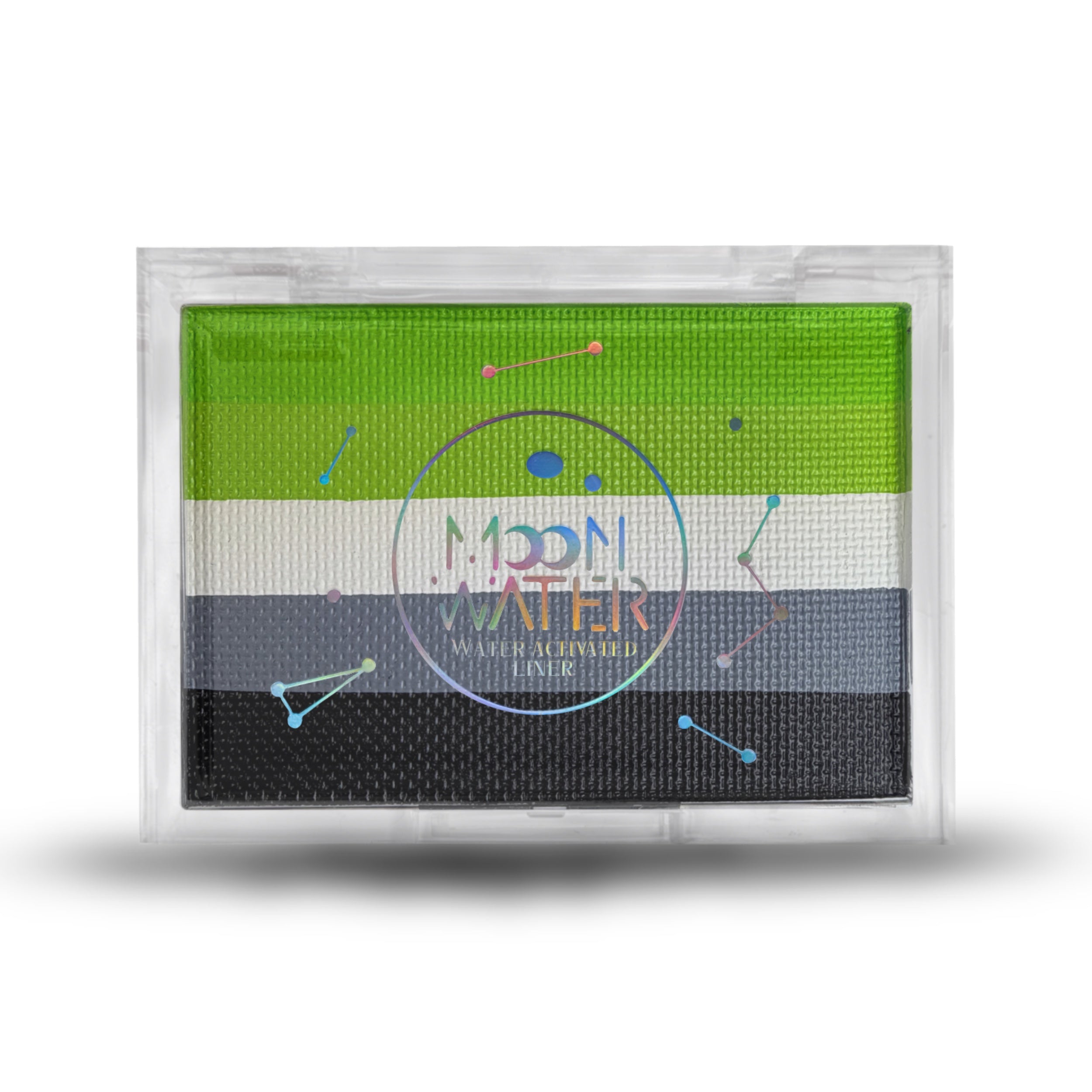 RECTANGLE CONTAINER WATER ACTIVATED MOON WATER EYELINER AND FACE PAINT BY HOLOGRAVE COSMETICS IN THE GREEN/WHITE/GREY/BLACK PAN #SHADES_BUG JUICE