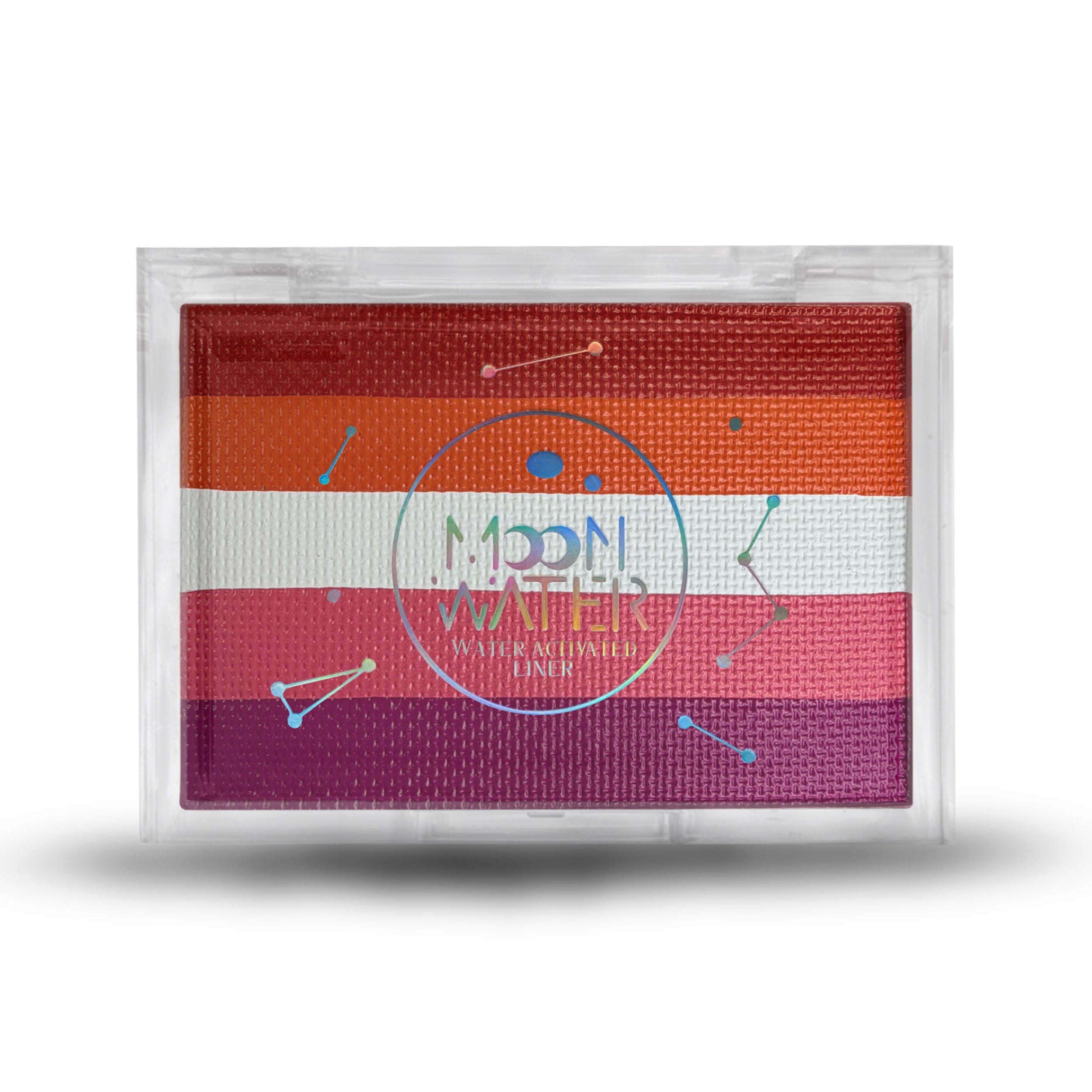 RECTANGLE CONTAINER WATER ACTIVATED MOON WATER EYELINER AND FACE PAINT BY HOLOGRAVE COSMETICS IN THE RED/ORANGE/WHITE/PINK/MAGENTA PAN #SHADES_CEMETERY SUNSET