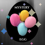 Colorful Easter eggs inside a black circle with 'Mystery Egg' text on a dark background.