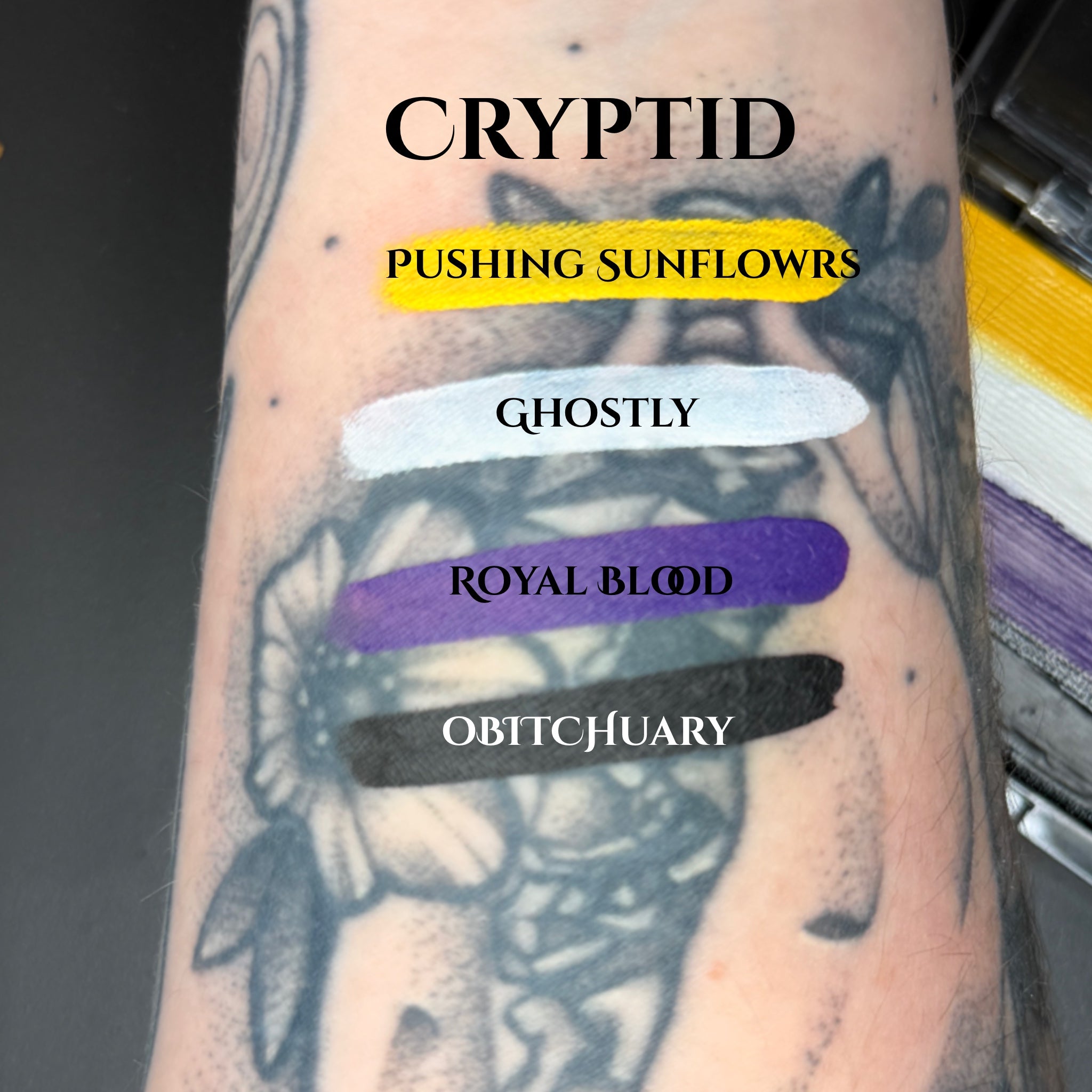 FAIR SKIN TONE ARM SWATCH WITH MOON WATER PRIDE LINER SWATCHES  OVER TATTOOS #shades_CRYPTID