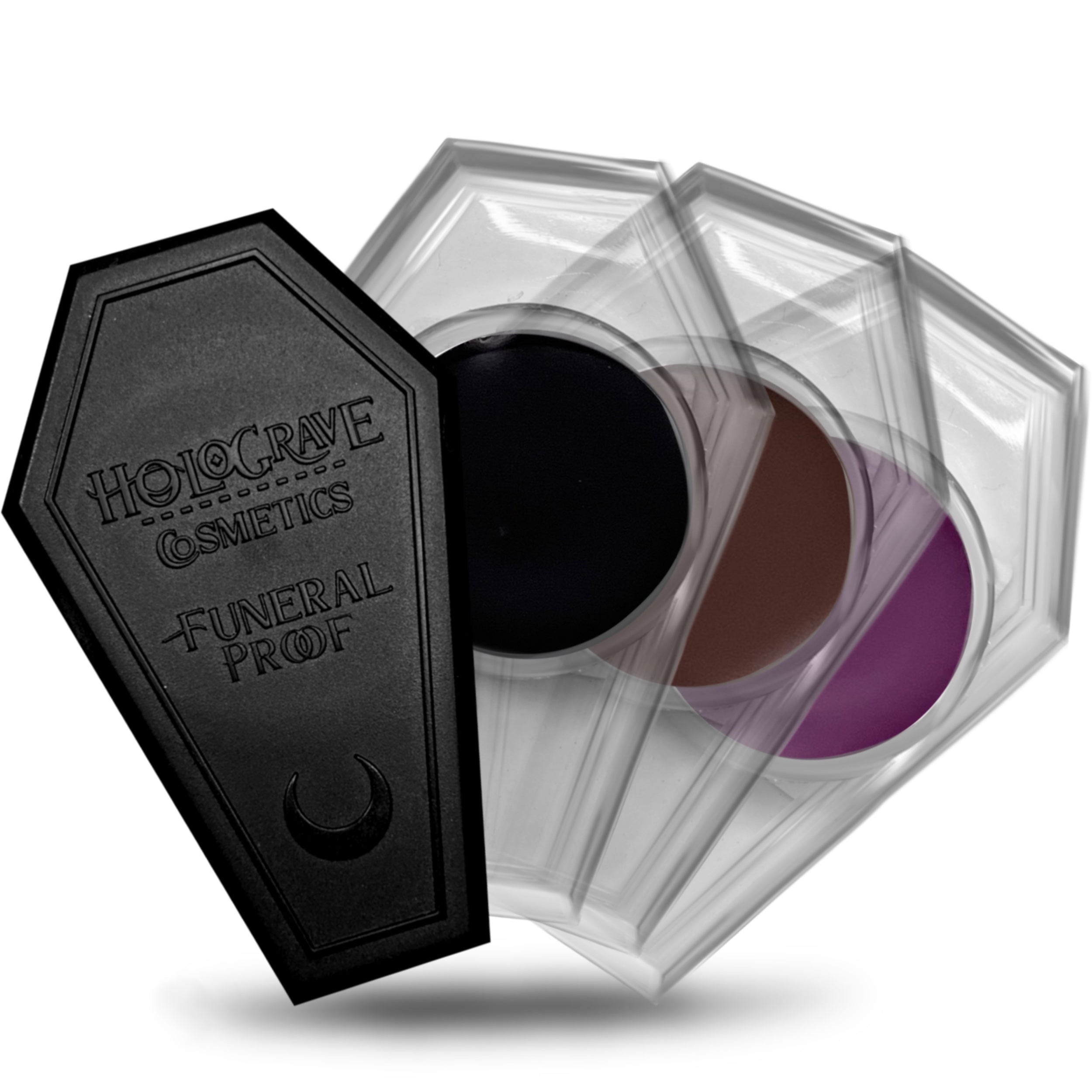 A selection of Funeral Proof® Gel Eyeliner / Brow Pomade by HoloGrave Cosmetics in various colors in coffin shaped jars. waterproof, talc-free, and vegan eyeliner