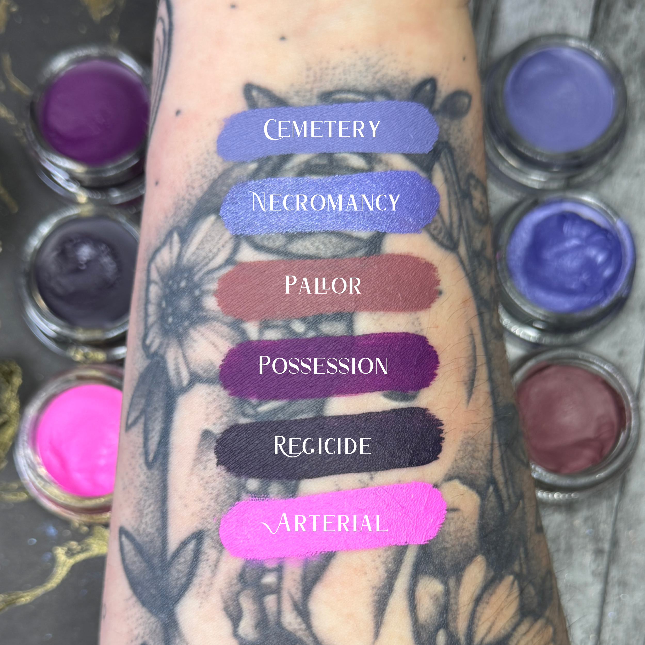 FAIR SKIN TONE ARM SWATCH WITH FUNERAL PROOF EYELINER SWATCHES COVERING OVER TATTOOS #SHADES_cemetery,necromancy (metallic shimmer),pallor,possession,regicide,arterial