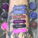 FAIR SKIN TONE ARM SWATCH WITH FUNERAL PROOF EYELINER SWATCHES COVERING OVER TATTOOS #SHADES_cemetery,necromancy (metallic shimmer),pallor,possession,regicide,arterial