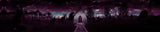 DARK GRAVEYARD SCENE IN PURPLE GRADIENT WITH BUILDING IN THE MIDDLE