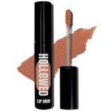 LIP MUD IN BLACK PACKAGING WITH A WINDOW TO SEE COLOR AND NEXT TO THE PRODUCT'S WAND. COLOR SWATCH BEHIND PRODUCT OF A PALE NUDE COLOR
