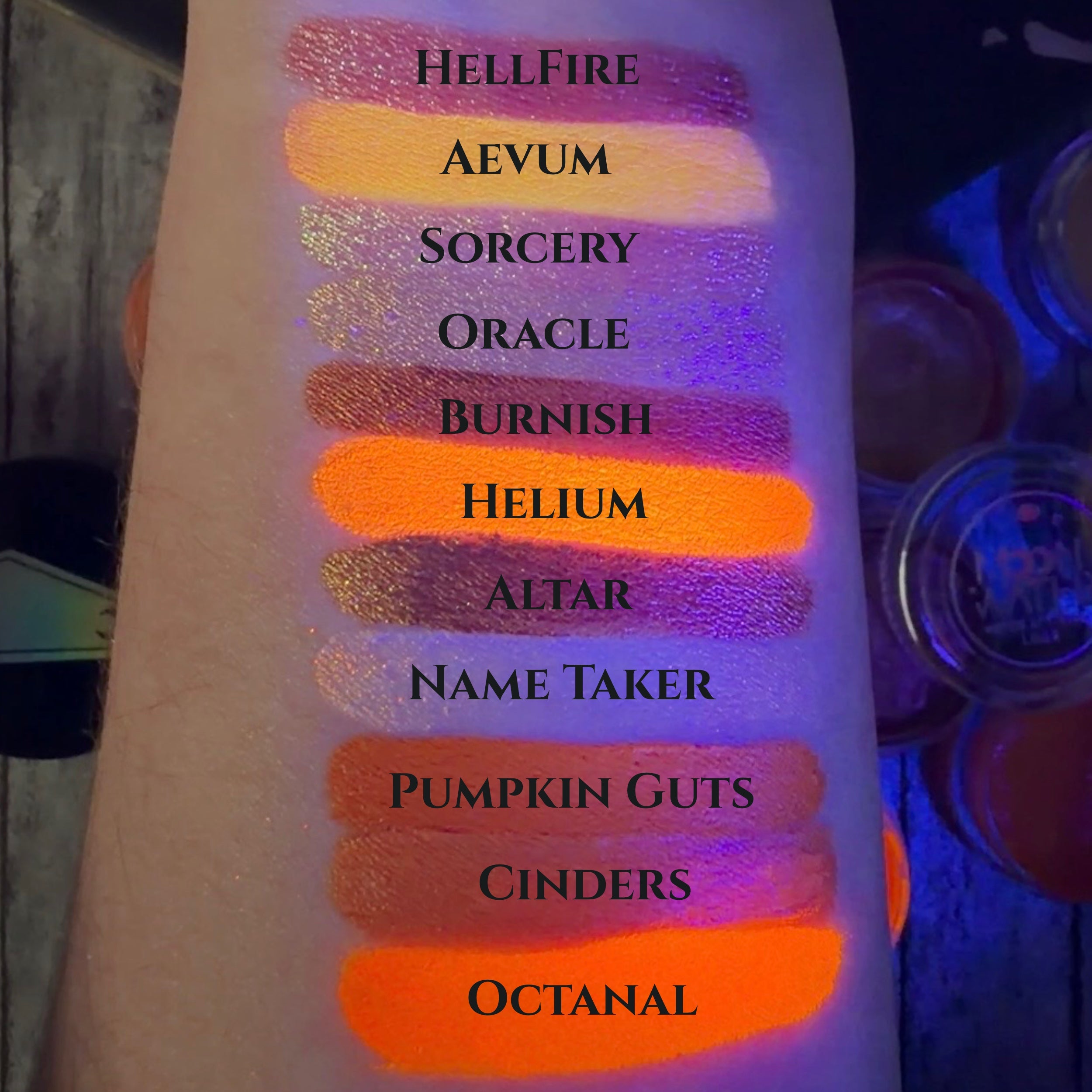 #SHADES_hellfire (duochrome),aevum (shifty metallic shimmer),sorcery (duochrome),oracle (duochrome),burnish (metallic shimmer),uv helium,altar (metallic shimmer),name taker (interference),pumpkin guts,cinders (metallic shimmer),uv octanal